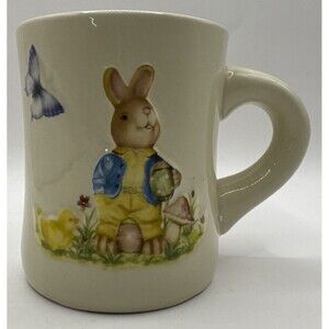 Coffee Cup Mug Rabbit Drinking With Baby Chick Butterfly Mushroom Flowers